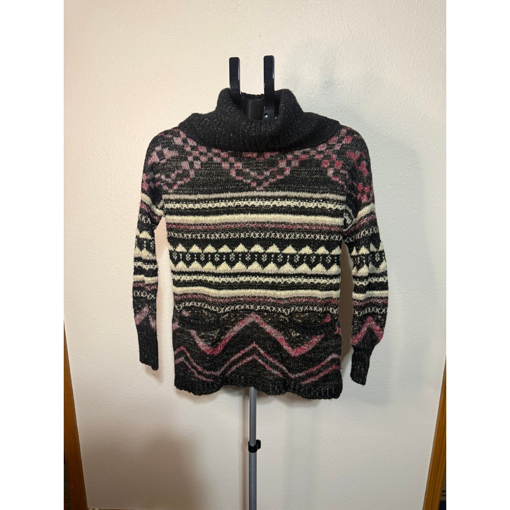 Lucky Brand Fair Isle Cowl Neck Sweater Metallic Knit Black Pink Gold Small